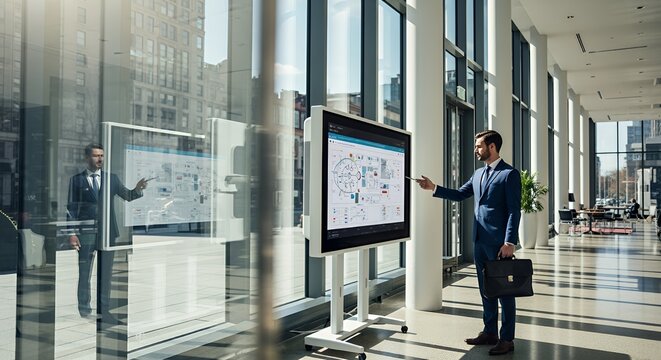 A businessman confidently presents a project plan on a large interactive display in a modern building, showcasing strategic data visualizations.