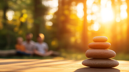 Obraz premium Serene scene featuring stacked stones symbolizing balance, with family background enjoying