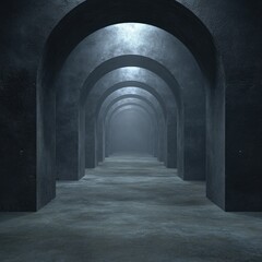 Obraz premium A dimly lit, long hallway with a series of receding arches, creating a perspective of depth and mystery within a dark, possibly concrete, structure