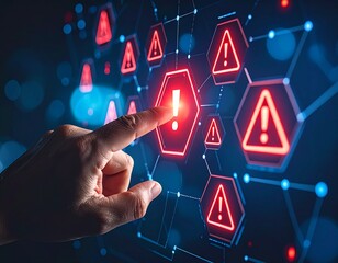 Cybersecurity Alert Concept with Digital Warning Interface and Hand Touch