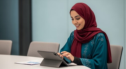 A smiling woman wearing a hijab uses a tablet computer while sitting at a table in a modern .