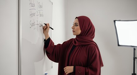 A woman in a hijab writes equations on a whiteboard during a presentation or lesson.