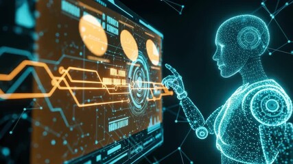A futuristic humanoid robot interacting with a glowing digital interface showcasing advanced technology and data visualization in a high-tech environment - Powered by Adobe