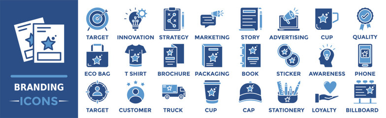 Branding icon collection set. Containing target, innovation, strategy, marketing, story, advertising, cup and more. Solid vector icons collection