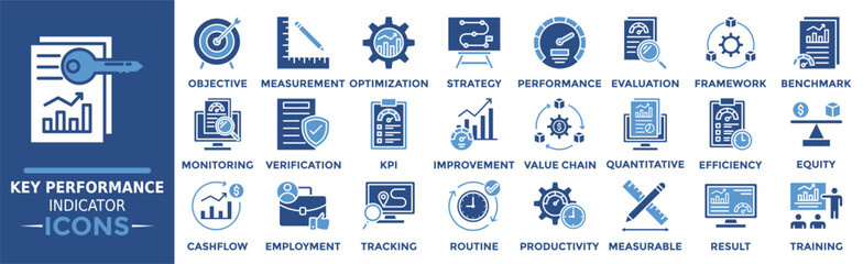 KPI (Key Performance Indicator) icon collection set. Containing objective, measurement, optimization, strategy, performance, evaluation, framework and more. Solid vector icons collection