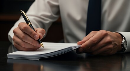 A businessman meticulously signs important documents with a sophisticated pen, showcasing professionalism and attention to detail in a dimly lit .