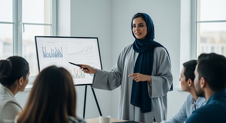 A confident businesswoman in a hijab presents a financial graph to a diverse team during a productive meeting.