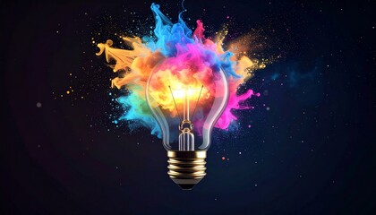 A light bulb radiates light and color in pink and yellow.