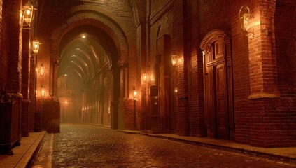 Obraz premium A dimly lit, arched brick walkway lined with old-fashioned lamps, leading into a hazy distance. A closed wooden door is partially visible on the right