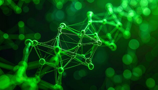 Digital molecules connect in glowing green network.