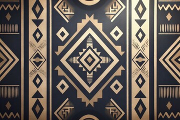 Geometric pattern on golden background, symmetrical repeating tribal pattern suitable for cultural decoration, textile design and wall art
