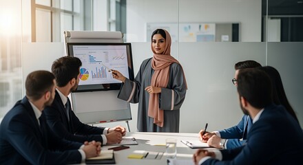 A confident businesswoman in a hijab presents financial data to a diverse team during a boardroom meeting.