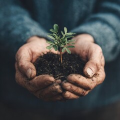 "Hands gently hold a small plant, symbolizing growth and hope. 