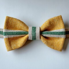 Mustard yellow self-tied bow tie with off-white and dark green stripes across the band