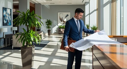 A businessman reviews blueprints in a modern, sunlit lobby, showcasing professionalism and architectural planning.