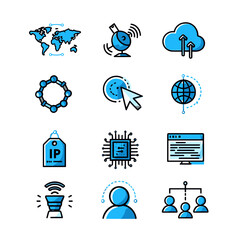 Network technology icons set internet communication symbols world connection data and server elements design