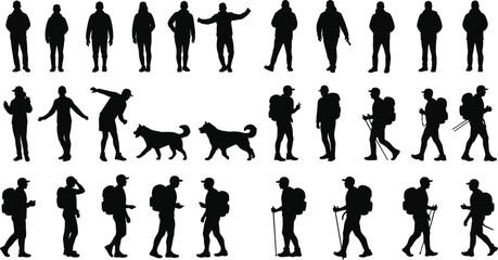 Cad drawing flat vector illustration, silhouette of hikers and dog walkers, black and white outdoor scene, minimal adventure exploration designCad drawing flat 