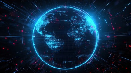 Obraz premium Pixelated Cyber World Globe with Glowing Tech Grid and Data Nodes.