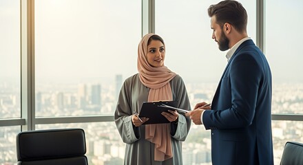 A successful businesswoman in a hijab and a male colleague review documents together in a modern overlooking a cityscape.