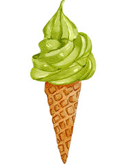 Watercolor Matcha Ice Cream Cone Illustration Isolated on White Background
