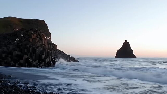 Dramatic Black Basalt Columns Meet Gentle White Waves at Sunset Seascape