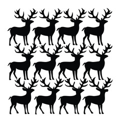 Naklejka premium Silhouette Deer Herd: A Majestic Gathering of Antlered Animals in Dark Monochrome Against a Clean White Background