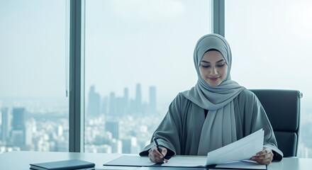 A Muslim businesswoman in a modern reviews important documents while sitting at her desk overlooking a cityscape.