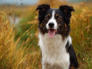 Fototapeta premium Border Collie dog sitting in grassy field The dog has blackwhite fur and amber eyes with its tongue hanging out