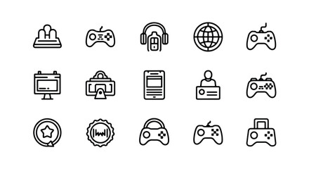 Line editable icon set of gaming and technology icons, including game controllers, headsets, and monitors line icon set
