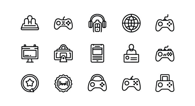 Line editable icon set of gaming and technology icons, including game controllers, headsets, and monitors line icon set