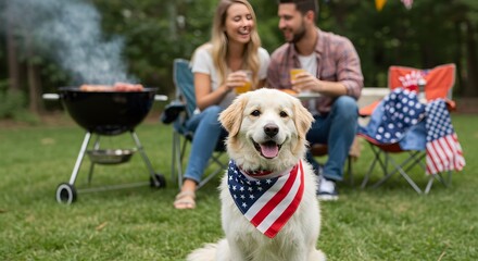 Summer Barbecue with Beloved: A golden retriever dog, adorned with an American flag bandana, poses cheerfully in front of a grilling scene, shared by a couple in their backyard.