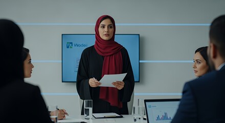 A woman in a hijab confidently presents a document during a business meeting, surrounded by attentive colleagues.