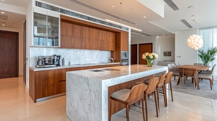 Obraz premium Contemporary kitchen/dining area features sleek cabinetry, marble countertops, and natural light