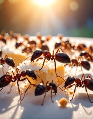 Ants feasting on a sugary treat outdoors