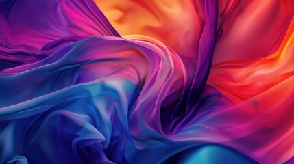 Obraz premium Abstract swirling fabric in vibrant hues of blue, purple, orange, and pink, exhibiting a luminous, translucent quality with deep color saturation and dynamic folds