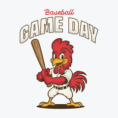 Baseball game day. Rooster cartoon vector illustration, typography t shirt design