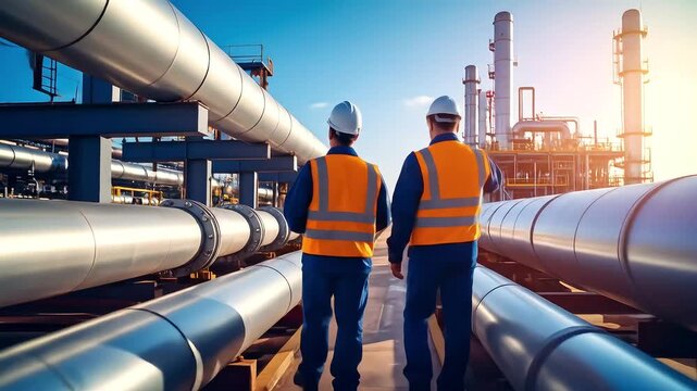 Engineers Inspecting Pipelines at a Modern Industrial Facility with Bright Sky