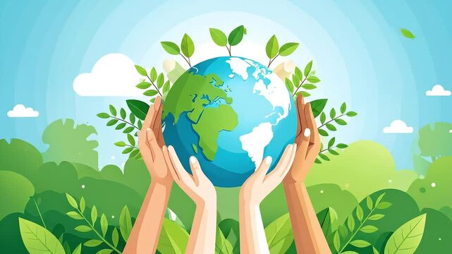 Hands holding Earth with growing plants symbolizing environmental protection