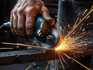 the process of cutting metal with an electric grinder that produces bright sparks in an intense workshop atmosphere