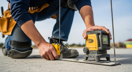 Construction worker using laser level on concrete