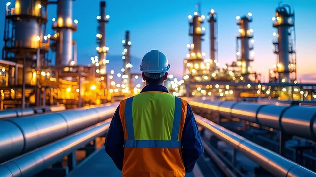 Oil and Gas Industry Worker Inspecting Refinery at Night for Energy Production