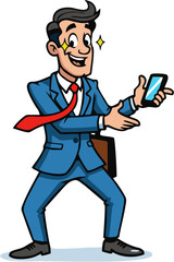 A cheerful businessman proudly displays his smartphone, showcasing a confident and successful demeanor.