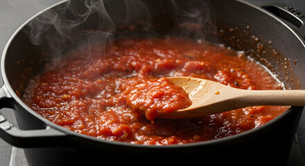 Rich and Aromatic Tomato Sauce Simmering in a Black Pan with Steam Rising and a Wooden Spoon Stirring Ingredients