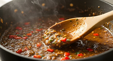A Delicious Sauce Simmering in a Pan with Chopped Red Bell Pepper and Fresh Herbs Stirred with a Wooden Spoon