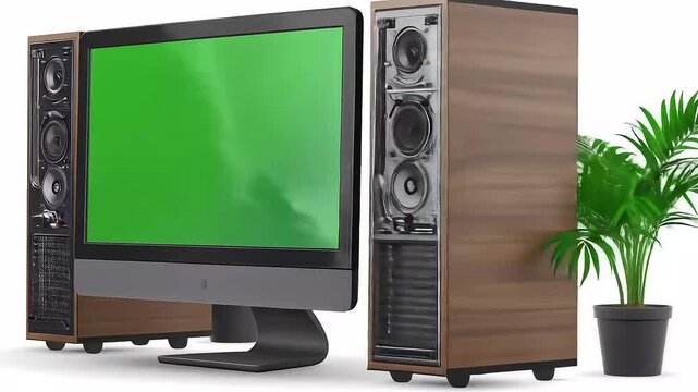 Realistic Computer Monitor with Speakers and Green Screen for Content Creation