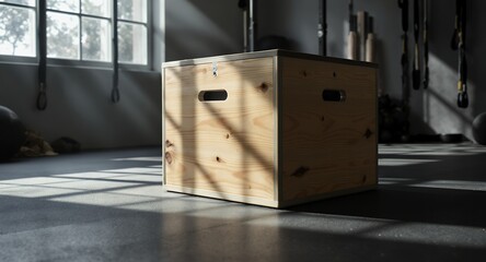 Wooden exercise box in a gym sunlight through window