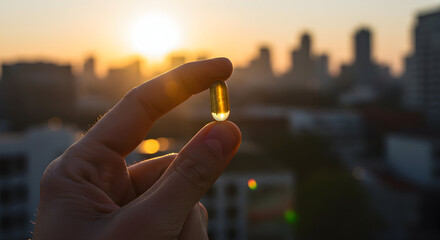 Hand Holding a Transparent Vitamin Capsule Against a Sunset Skyline in a Vibrant Urban Setting