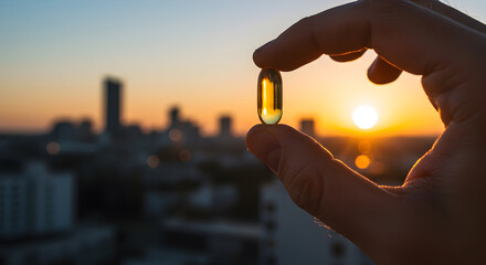 Hand Holding Yellow Capsule Against Sunset Over Urban Cityscape in Vibrant Summer Evening