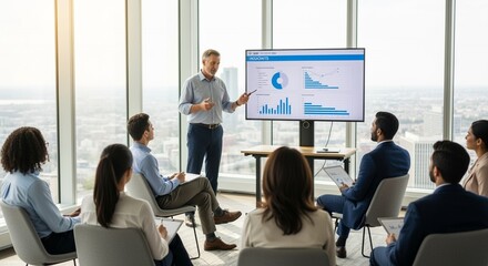 A diverse group of professionals attentively listens to a presenter delivering a compelling business presentation with data visualizations on a large screen in a modern .