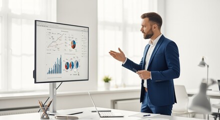 A businessman confidently presents financial data on a large monitor during a presentation in a modern .